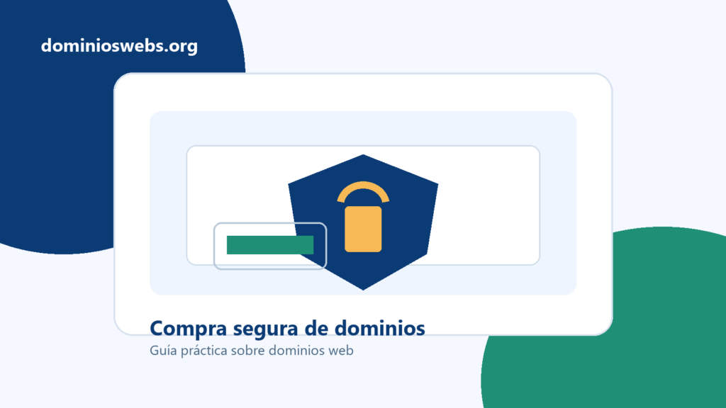 Ilustración sobre compra segura de dominios con candado, tarjeta y panel de registro
